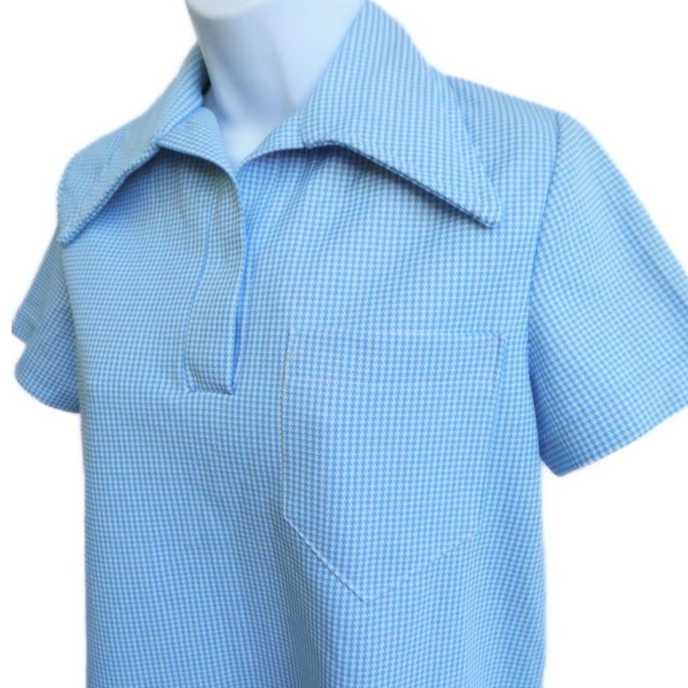 Vintage 70s Shirt Double Knit Houndstooth Henley Snap Dagger Collar Pocket